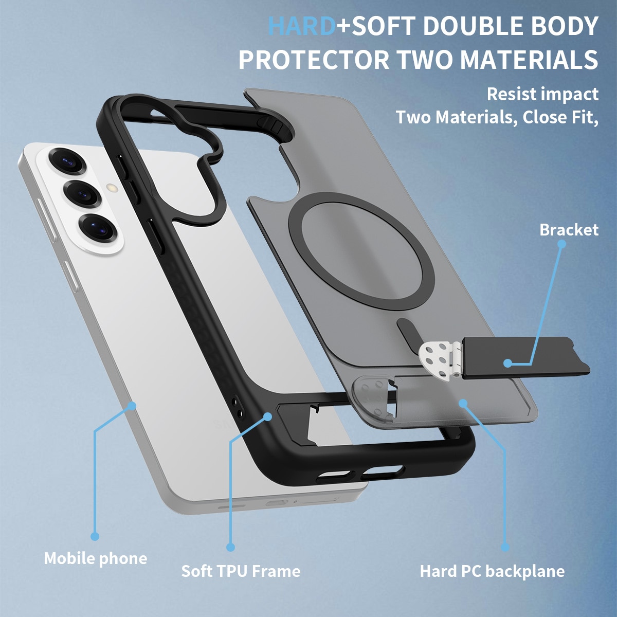 Husă de protecție, Omelivon, pentru Samsung Galaxy S26 Plus, suport ajustabil, antișoc, neagră