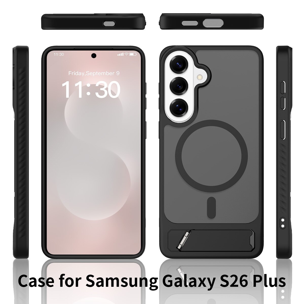 Husă de protecție, Omelivon, pentru Samsung Galaxy S26 Plus, suport ajustabil, antișoc, neagră