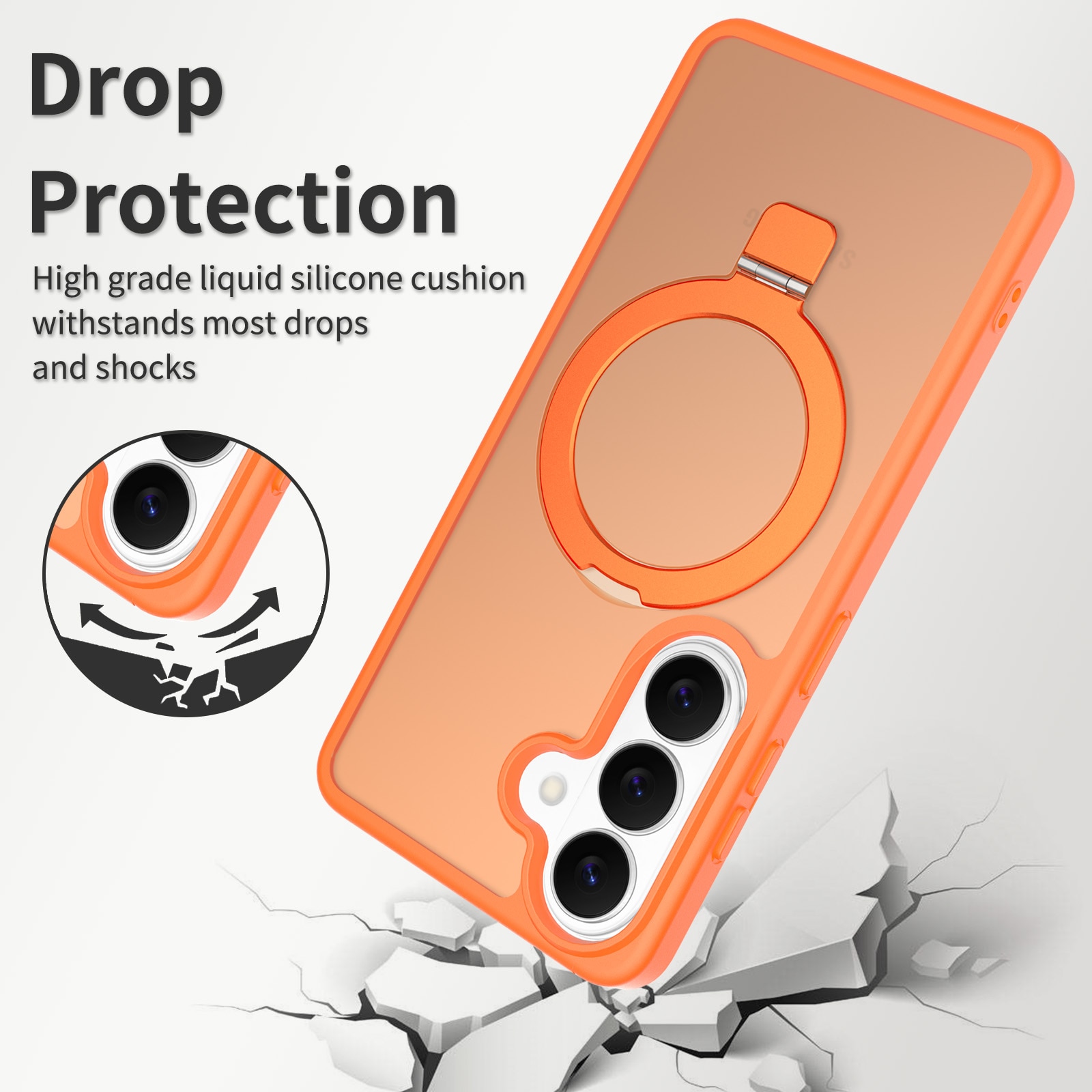 Husă de protecție pentru Samsung Galaxy S26, inel magnetic ajustabil, margini ridicate, spate semitransparent, portocalie