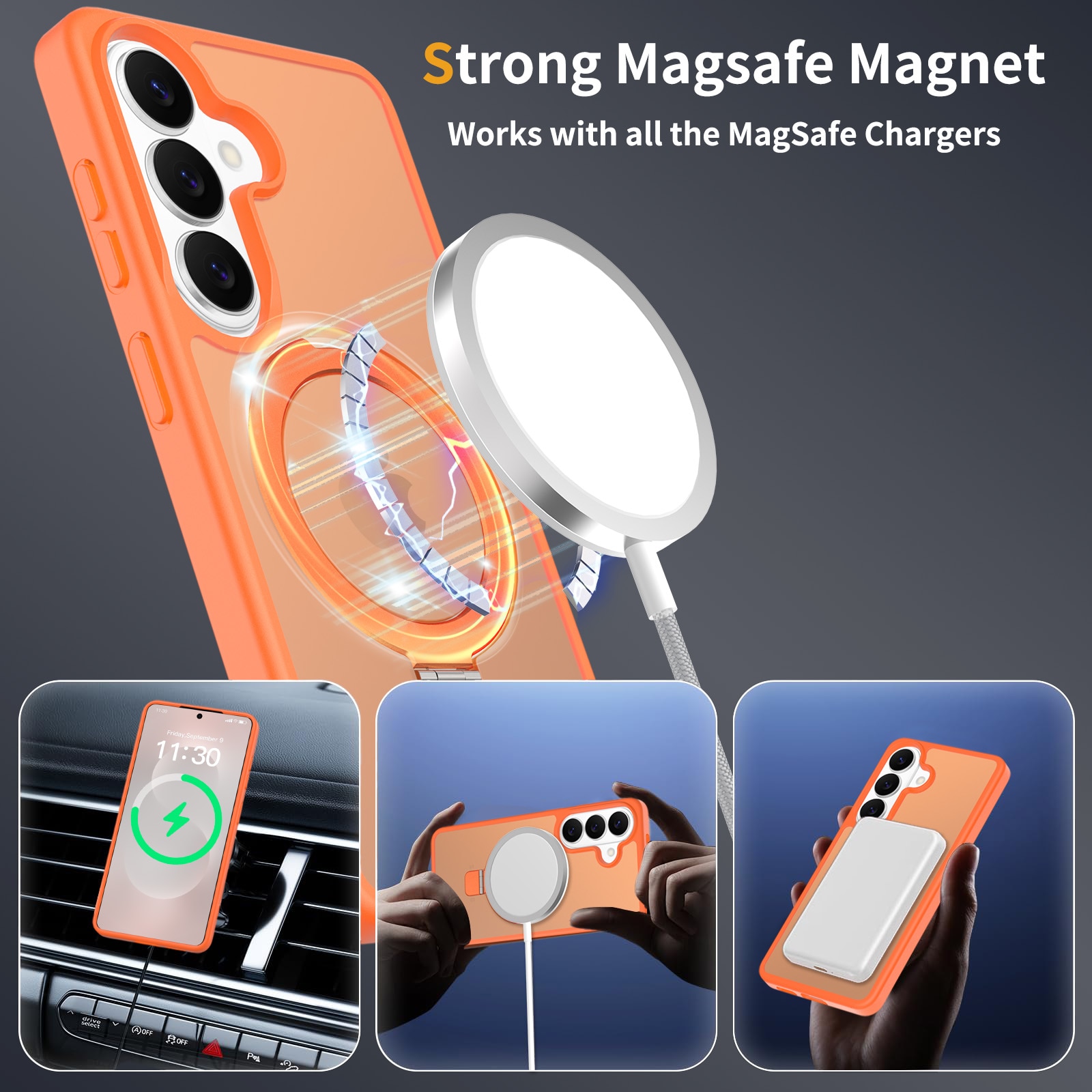 Husă de protecție pentru Samsung Galaxy S26, inel magnetic ajustabil, margini ridicate, spate semitransparent, portocalie