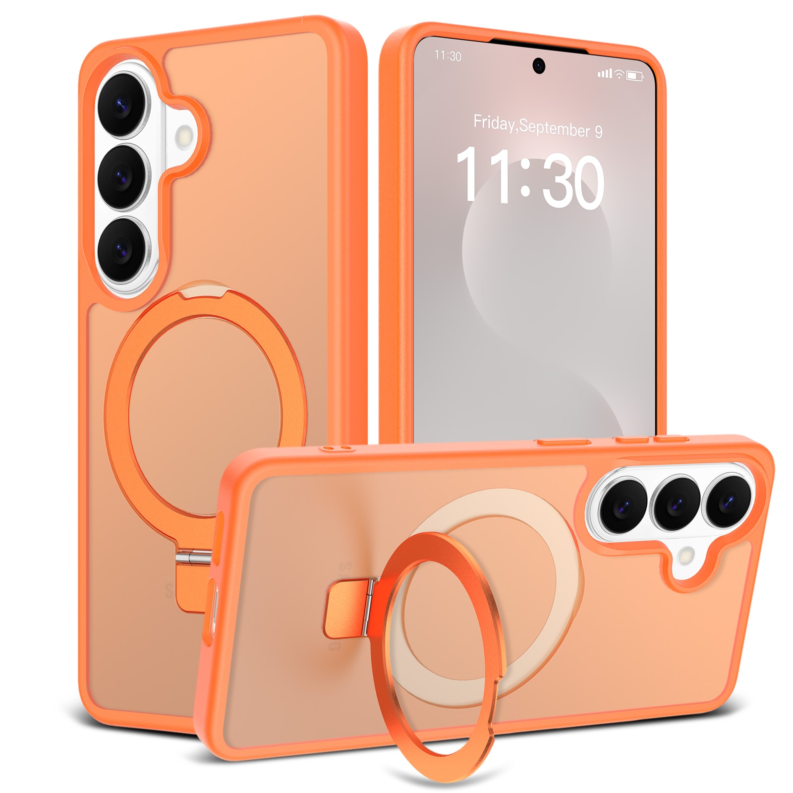 Husă de protecție pentru Samsung Galaxy S26, inel magnetic ajustabil, margini ridicate, spate semitransparent, portocalie