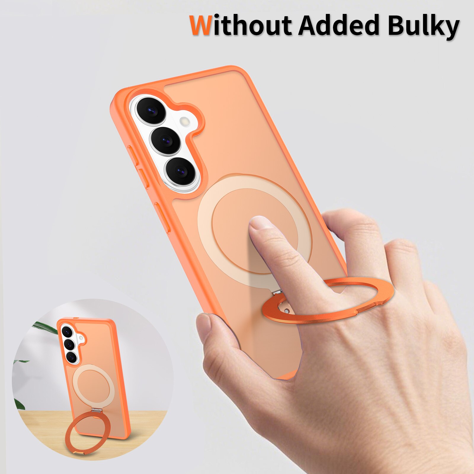 Husă de protecție pentru Samsung Galaxy S26, inel magnetic ajustabil, margini ridicate, spate semitransparent, portocalie