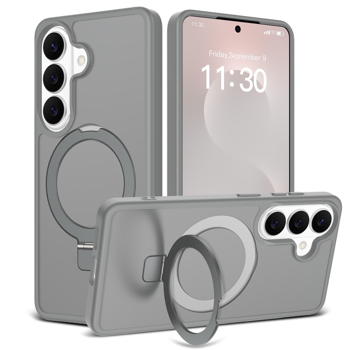 Husă protecție pentru Samsung Galaxy S26, inel magnetic ajustabil, margini ridicate, gri închis