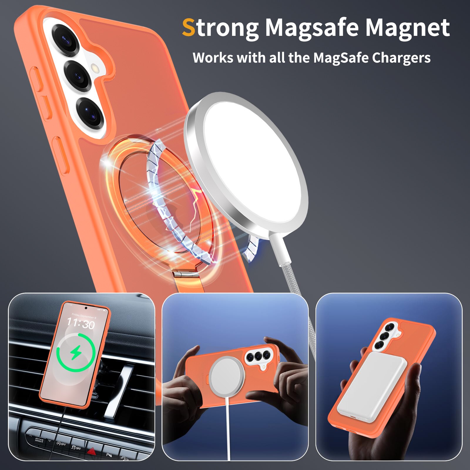 Husă de protecție pentru Samsung Galaxy S26 Plus, suport tip inel, MagSafe, portocalie, 30x15cm