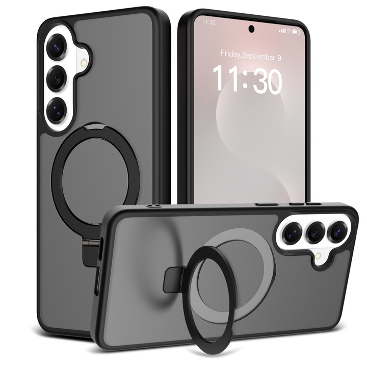 Husă de protecție pentru Samsung Galaxy S26 Plus, suport tip inel, spate semitransparent, negru