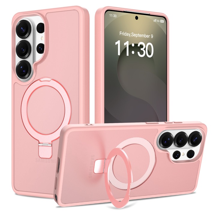 Husă de protecție pentru Samsung Galaxy S26 Ultra, inel magnetic ajustabil, margini ridicate, anti-soc, semitransparent, roz deschis
