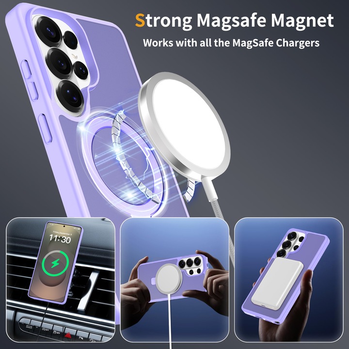 Защитен калъф за Samsung Galaxy S26 Ultra, поставка тип пръстен, полупрозрачен гръб, светло лилав