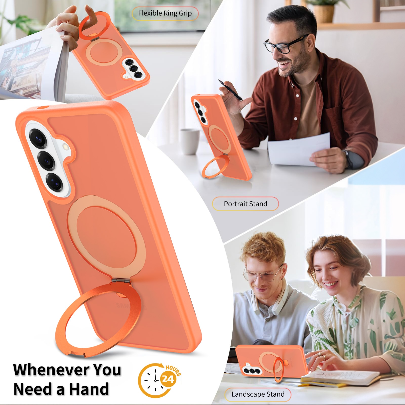 Husă de protecție, spate semitransparent, cu inel magnetic ajustabil, portocalie, pentru Samsung Galaxy A37