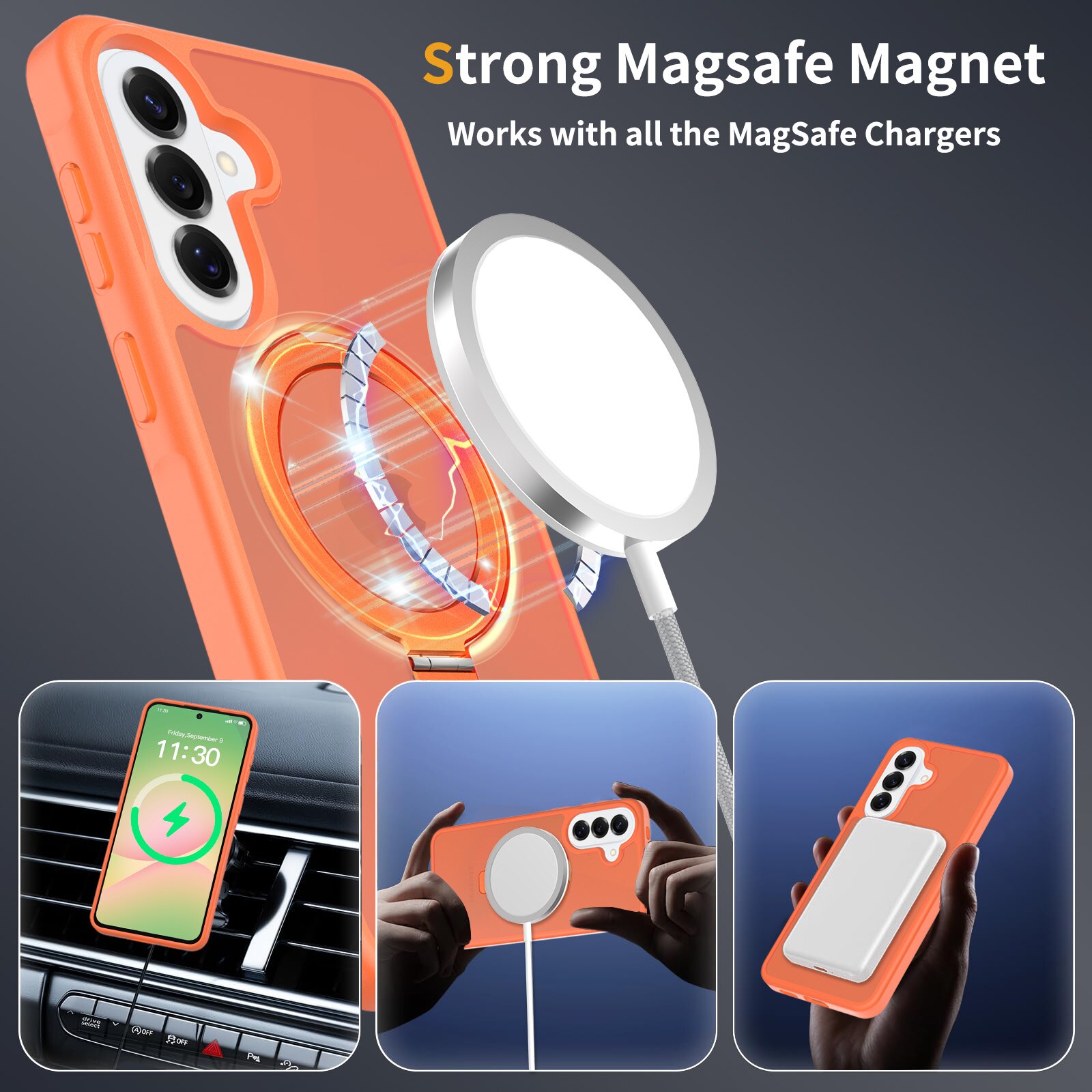 Husă de protecție, spate semitransparent, cu inel magnetic ajustabil, portocalie, pentru Samsung Galaxy A37