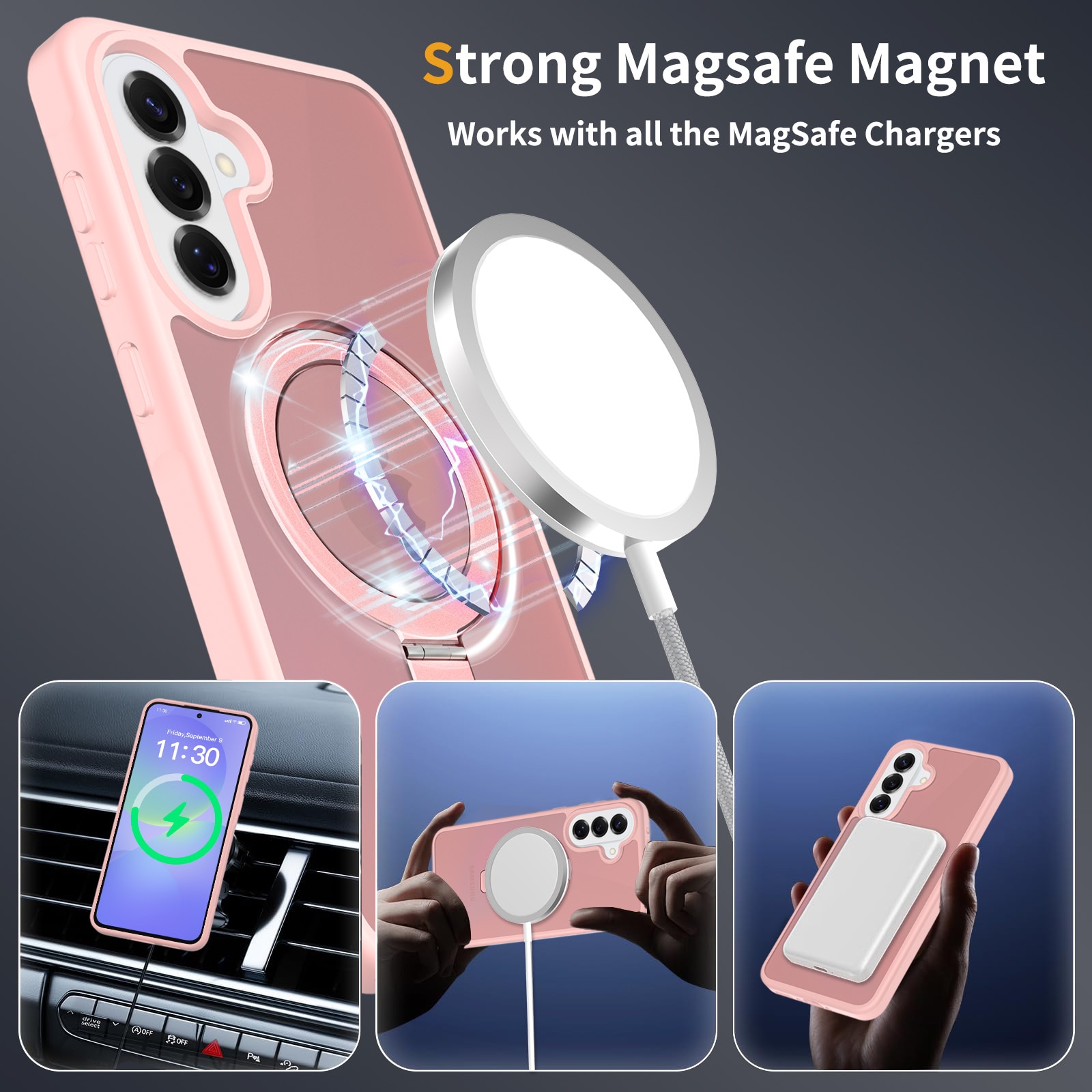 Husa de protecție pentru Samsung Galaxy A37, MagSafe, cu inel magnetic ajustabil, spate semitransparent, roz deschis