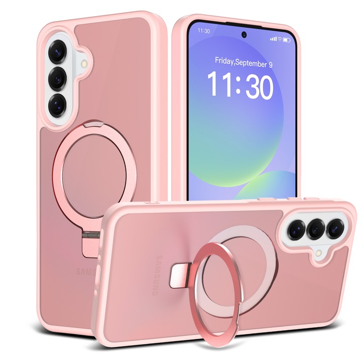 Husa de protecție pentru Samsung Galaxy A37, MagSafe, cu inel magnetic ajustabil, spate semitransparent, roz deschis