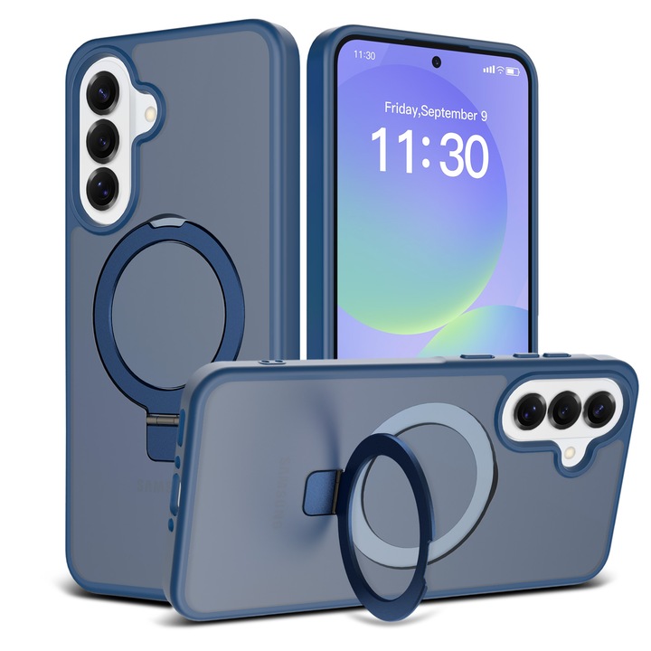 Husă protecție pentru Samsung Galaxy A37, inel magnetic ajustabil, spate semitransparent, albastru închis