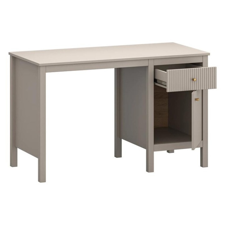 Birou Living Kleo T, gri argila, 120x56x75cm, cu usa si sertar, parte din setul de Living Kleo