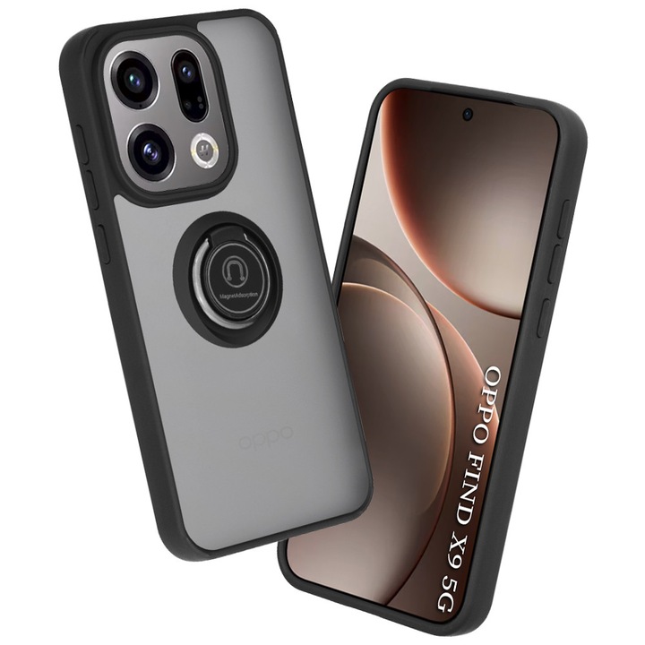 Husa pentru Oppo Find X9, SKYDDAR INNOVATION, Glinth cu Inel Rotativ 360° Magnetic, set cu sticker, Negru