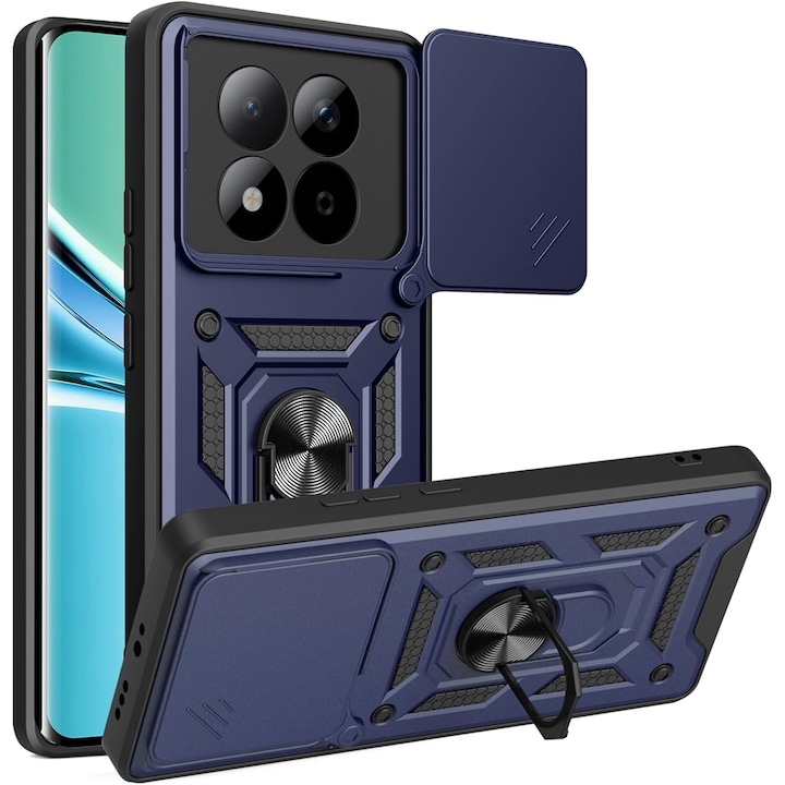 Калъф за Xiaomi Redmi Note 15 Pro Plus 5G Ring Armor Kickstand Tough Rugged Cover с защита на камерата, син