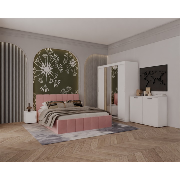 Set Dormitor Alex cu oglinda, 160x200cm, Roz + Alb, Pal 18 mm