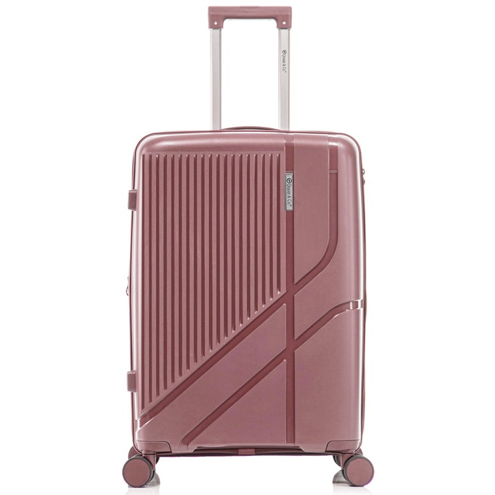 Куфар среден размер Quasar & Co., модел AERO, 66x43x27-31см, регистриран багаж, Разширяем, PP куфар, издръжлив, количка с Защитен цип, Кодово заключване, Телескопична дръжка, 4 двойни безшумни колела 360°, 2 отделения с джоб, Розoв