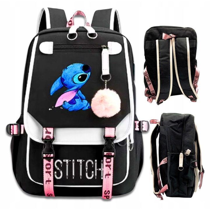 Ghiozdan WangJiang Stich, negru si alb, 42x28x12cm, design unic, pentru scoala si calatorii