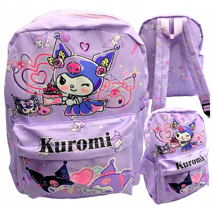 Ghiozdan copii cu imprimeu Kuromi, WangJiang, violet, 30x20x11cm, 1 compartiment principal, 1 buzunar frontal, set