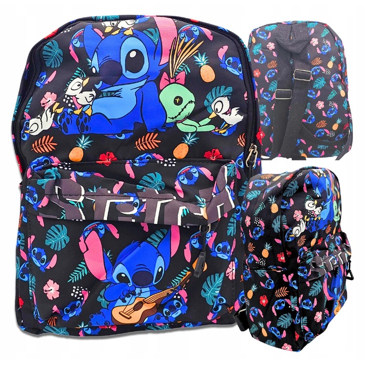 Ghiozdan Stich, design unic, negru cu imprimeu, 30x23x10cm