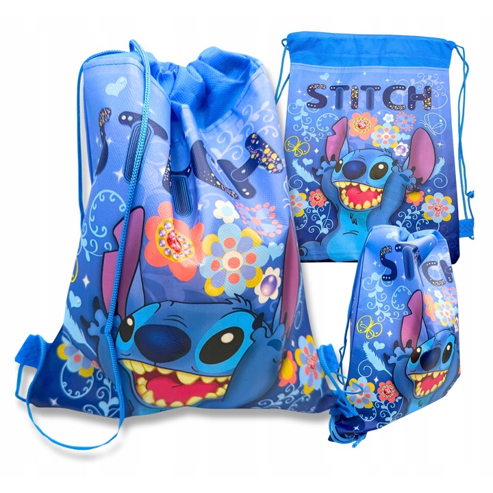 Ghiozdan tip sac cu imprimeu Lilo si Stitch, Xuetong, poliester, 35x27cm, pentru gradinita si sport