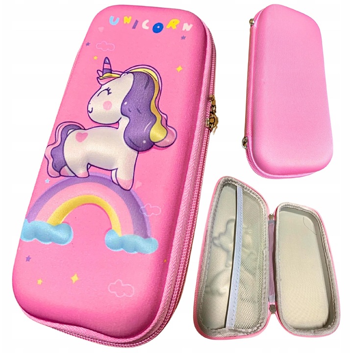 Piornik scolar Unicorn 3D, roz, 1 compartiment, organizator pentru creioane, 20cm