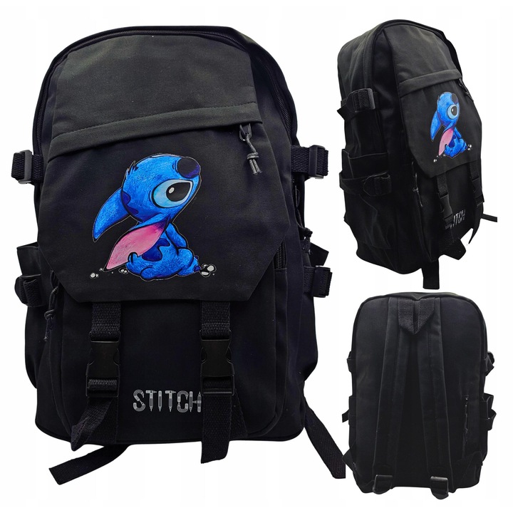 Ghiozdan Xuetong Stich, negru cu imprimeu albastru, 40x25x10cm, 1 compartiment principal, design original