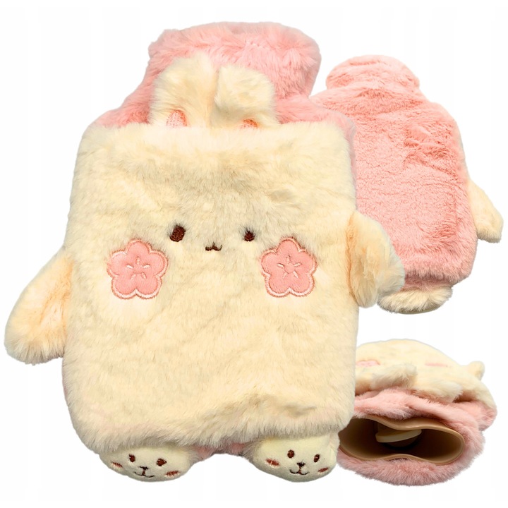 Sticla pentru apa calda Wanjin, model iepuras, 500ml, alb cu accente roz, incalzitor corporal, dimensiuni 30x20cm