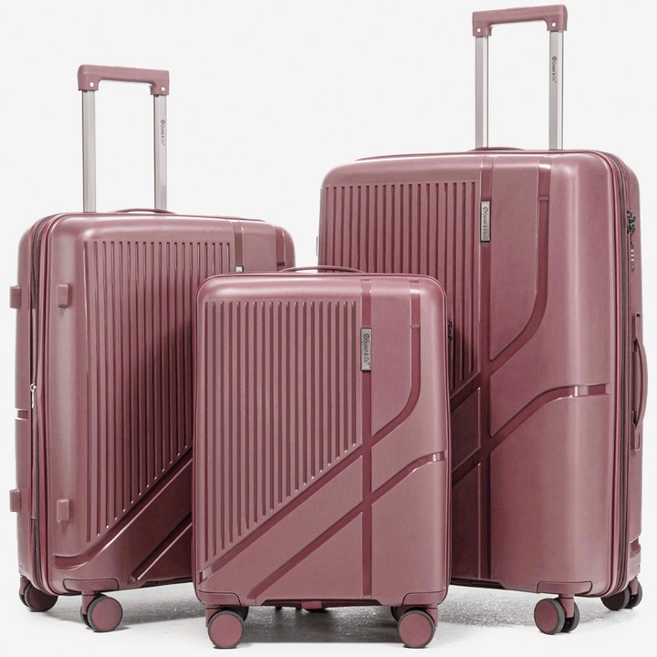 Комплект от 3 куфари Quasar & Co. модел AERO, S/M/L, кабинни/товарни, куфари с цип против кражба, багаж с код, телескопична дръжка, куфари с 4 безшумни двойни колела 360°, среден-голям-разтегателен, PP, 2 отделения с джоб, AERO, Розoв