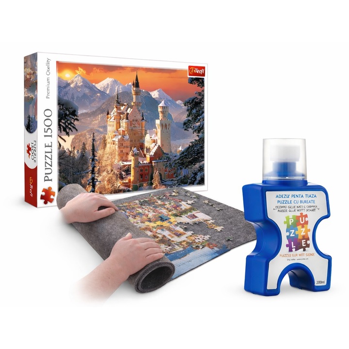 Set Puzzle Premium Trefl 1500 Piese – Castel Neuschwanstein Germania + Covor Rulabil Puzzle + Adeziv Puzzle, Set Complet Adulți