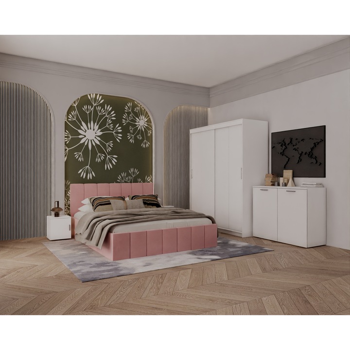 Set Dormitor Alex, 160x200cm, Roz + Alb, Pal 18 mm