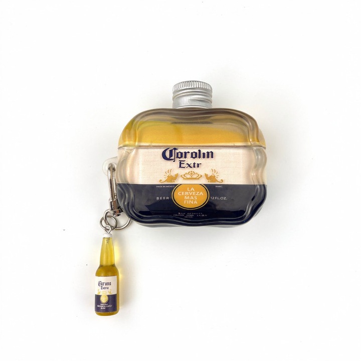 Husa silicon pentru Apple AirPods Pro / Pro 2, Design sticla de bere stil amuzant, Carcasa protectie 360° anti-soc rezistenta la zgarieturi si cazaturi, Compatibila cu incarcare wireless si cablu (USB-C), Multicolor