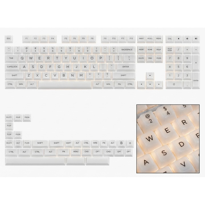 Set Capete Tastatura Mecanica Transparente, Tema Hanbaiyu (Jad Alb Pretios), 115 Taste, Profil Confortabil, Policarbonat, Imprimare UV, Compatibile cu Switch-uri MX si Layout-uri 104/87/84/68/61, Accesorii pentru Windows si Mac, Alb
