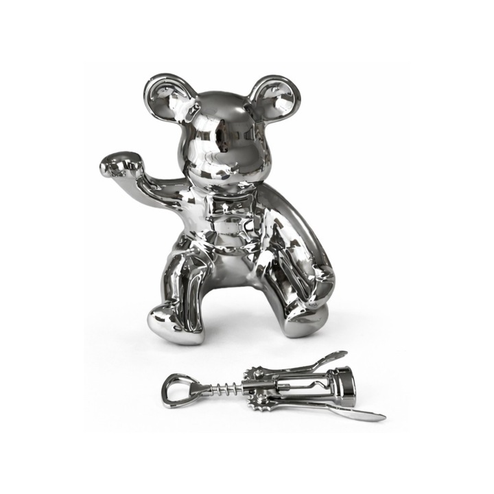 Suport decorativ pentru sticla de vin tip ursulet, finisaj cromat, cu tirbuson inclus, baza antiderapanta, 20 x 17 x 21 cm