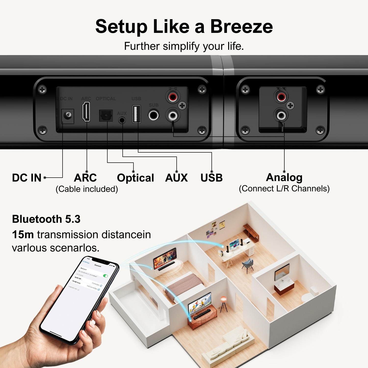 ULTIMEA Apollo S40 Soundbar - 2.2 canale pentru TV si PC, design detasabil 2-in-1, 3 moduri EQ, bass reglabil, conexiuni HDMI ARC / optic / AUX, putere 100 W