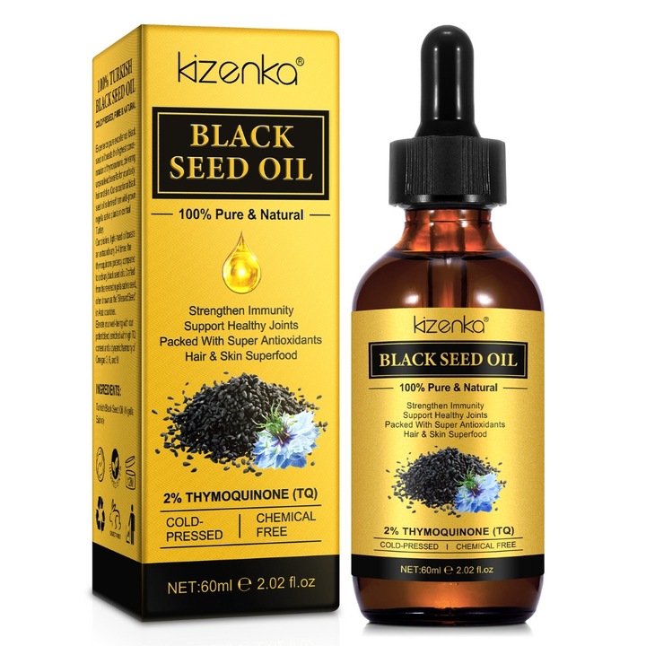 Ulei de Chimen Negru 60 ml, KIZENKA, 2% Timochinona, antioxidant, pentru imunitate și sănătatea pielii