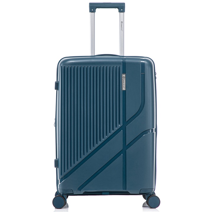Куфар среден размер Quasar & Co., модел AERO, 66x43x27-31см, регистриран багаж, Разширяем, PP куфар, издръжлив, количка с Защитен цип, Кодово заключване, Телескопична дръжка, 4 двойни безшумни колела 360°, 2 отделения с джоб, Петролно синьо