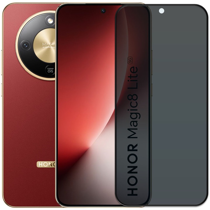 Folie din sticla securizata pentru Honor Magic 8 Lite, HAMSTERBOX Privacy Shield, Protectie completa ecran, Full face, Aplicare rapida, Case Friendly, Negru