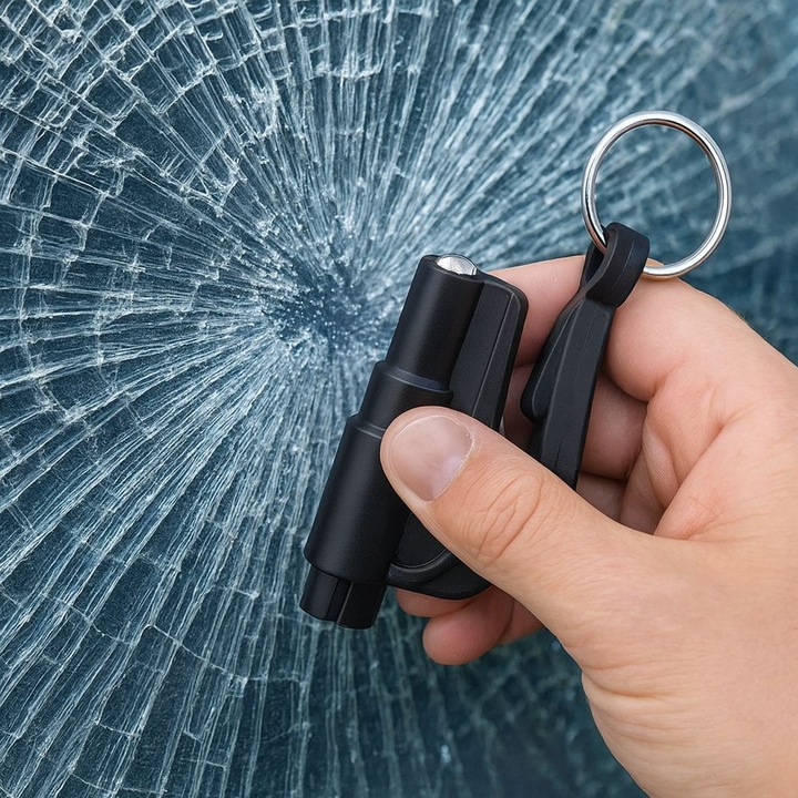 2 az 1-ben vészkulcs, 7,5x3,5cm, üvegtörő funkció, biztonsági öv vágó funkció