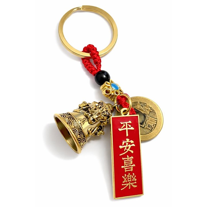 Breloc Feng Shui Amuleta Noroc si Protectie, Clopotel cu Dragon, Moneda Chinezeasca si Simbol Pace si Bucurie, Rosu/Auriu