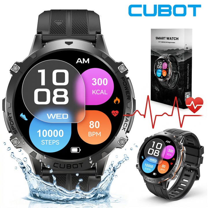 Ceas Smartwatch Cubot X3, Ecran AMOLED 1.73", Ceas inteligent pentru barbati, Baterie 1000mAh, AI ChatGPT, Apel Bluetooth, 120+ moduri sport, Monitorizare Somn/Ritm Cardiac/SpO2, Rezistent apa 1ATM, Limba romana, Cadou pentru El, Negru