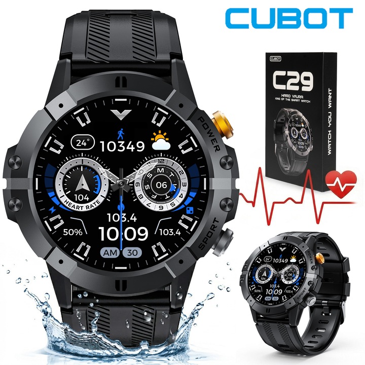 Ceas Smartwatch Cubot C29, Ceas inteligent pentru barbati, Ecran AMOLED 1.52", AI, Apel Bluetooth, 120+ moduri sport, Monitorizare Somn/Ritm Cardiac/SpO2, 1ATM, Limba romana, Cadou pentru El, Negru