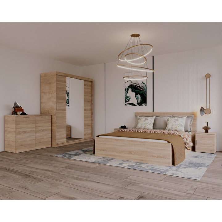 Set Dormitor Elis cu oglinda, 160x200cm, Sonoma, Pal 18 mm