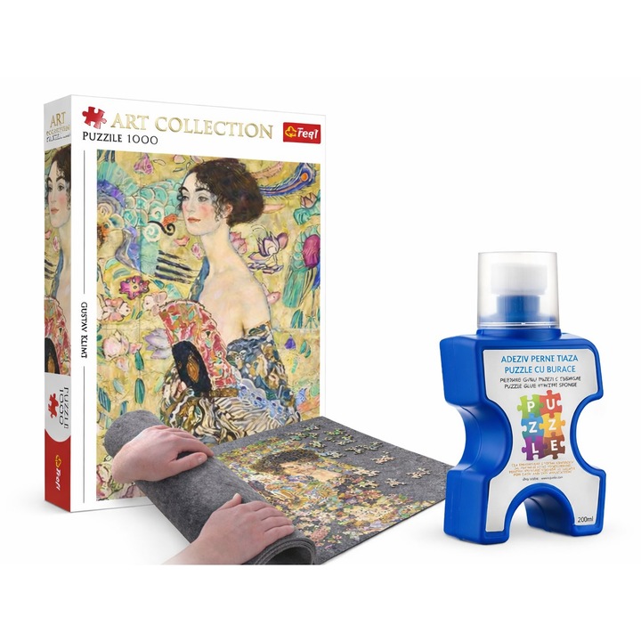 Set Puzzle Art Trefl 1000 Piese – Gustav Klimt Portret de Femeie + Covor Rulabil Puzzle + Adeziv Puzzle, Set Complet