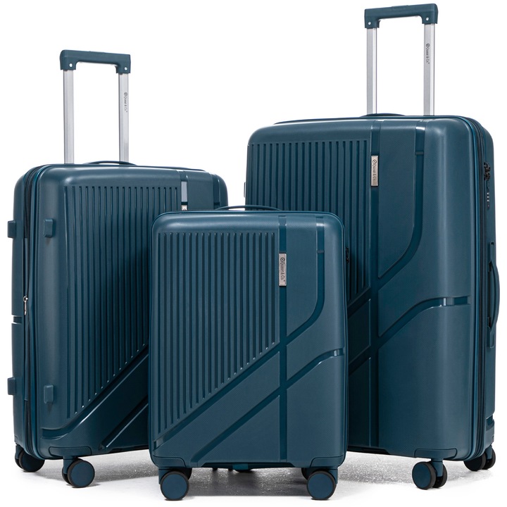 Комплект от 3 куфари Quasar & Co. модел AERO, S/M/L, кабинни/товарни, куфари с цип против кражба, багаж с код, телескопична дръжка, куфари с 4 безшумни двойни колела 360°, среден-голям-разтегателен, PP, 2 отделения с джоб, AERO, Петролно синьо