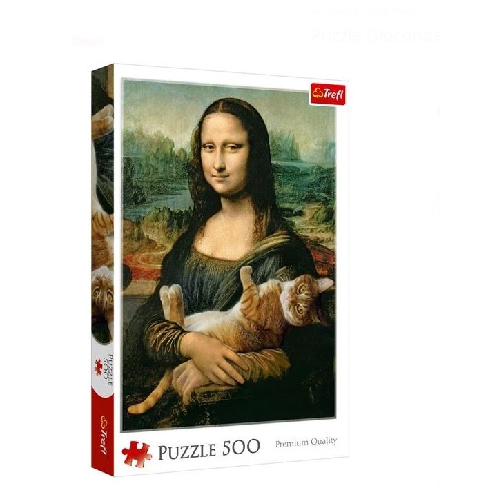 Set Puzzle 500 piese Trefl Mona Lisa cu Pisica, Covor Rulabil + Adeziv, Dimensiuni 48x34cm