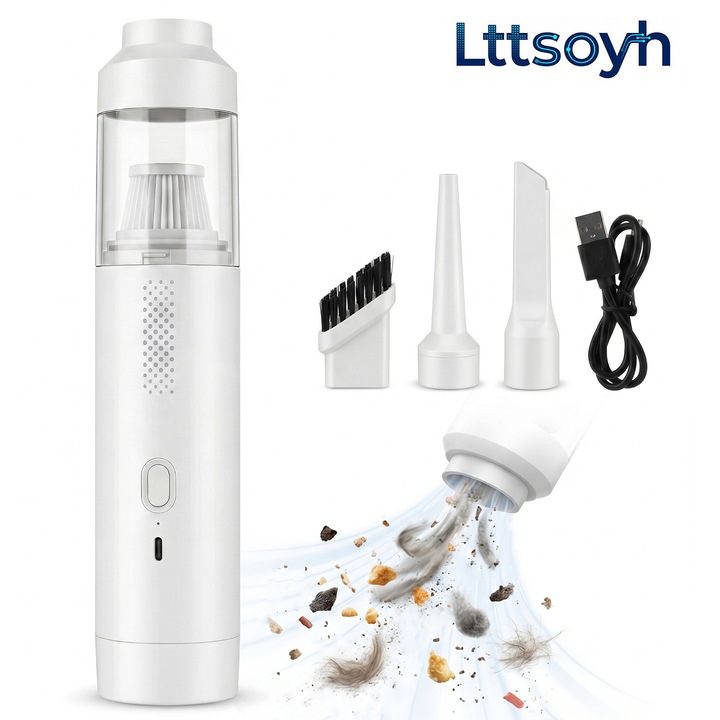 Aspirator auto portabil Lttsoyh®, 3-in-1, 11000Pa, 75W, baterie 4000mAh, recipient 0.4L, filtru HEPA lavabil, incarcare Type-C, fara fir, pentru auto, casa, birou si exterior, Alb