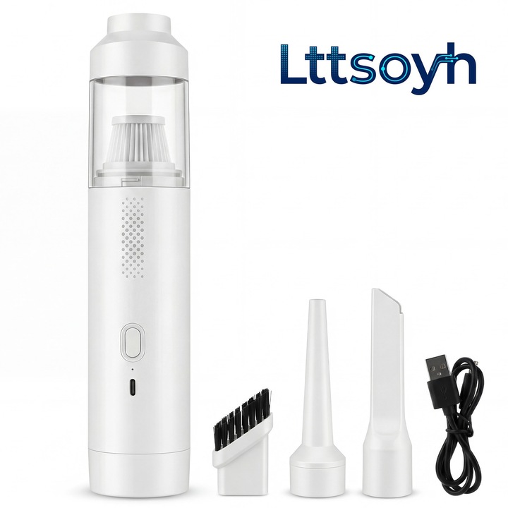 Aspirator auto portabil Lttsoyh®, 3-in-1, 11000Pa, 75W, baterie 4000mAh, recipient 0.4L, filtru HEPA lavabil, incarcare Type-C, fara fir, pentru auto, casa, birou si exterior, Alb