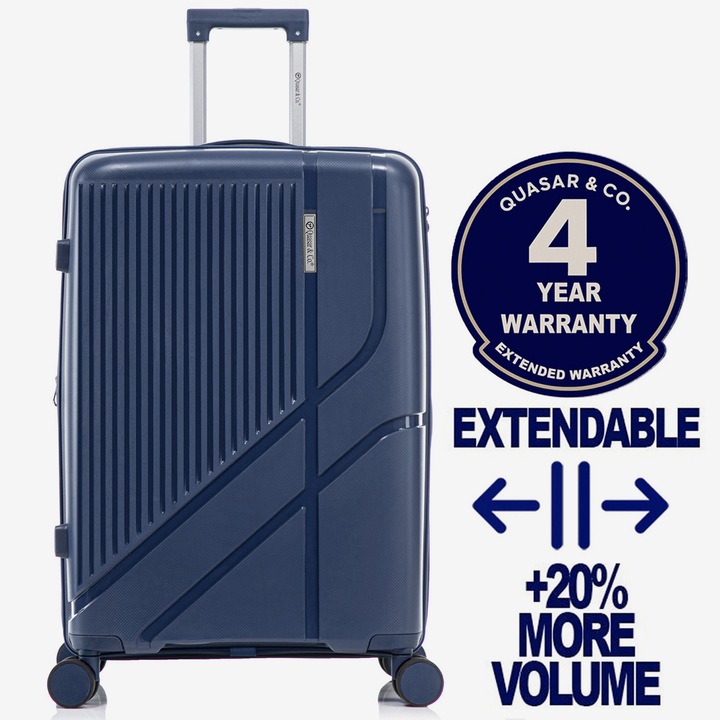 Troler mare extensibil Quasar & Co.®, 76x47x32-35cm, bagaj de cala, troller cu cifru, valiza cu fermoar antifurt, maner telescopic lung, geamantan cu 4 roti duble silentioase 360°, PP, rezistent, 2 compartimente cu buzunar, AERO, bleumarin
