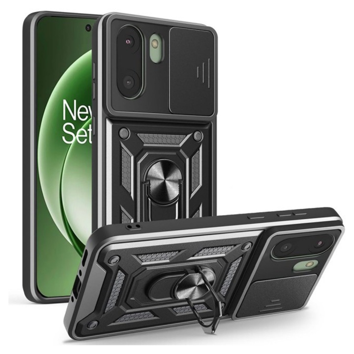 Husa Spate Upzz® Camshield Compatibila Cu OnePlus 15R, Protectie La Camere, Inel Metalic, Stand - Black